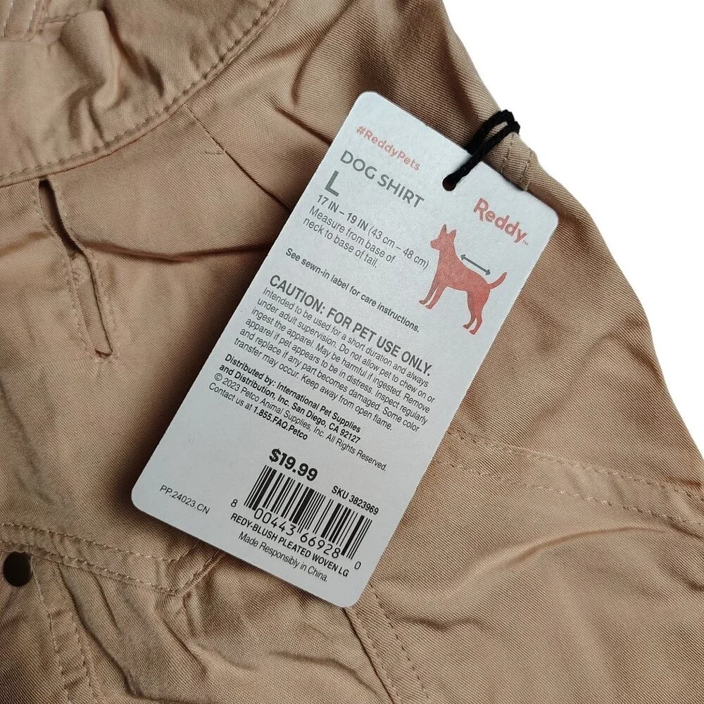 Reddy Size Large Beige Button-Up Dog Shirt With Collar And Short Sleeves